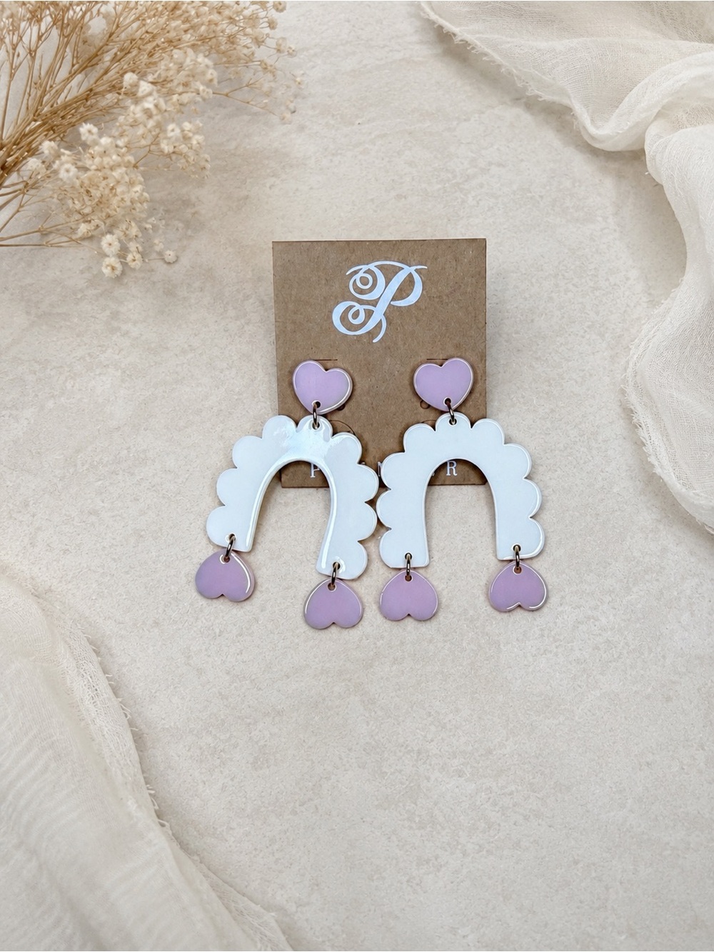 Plunder White & Lilac Heart Dangle Arch Earrings